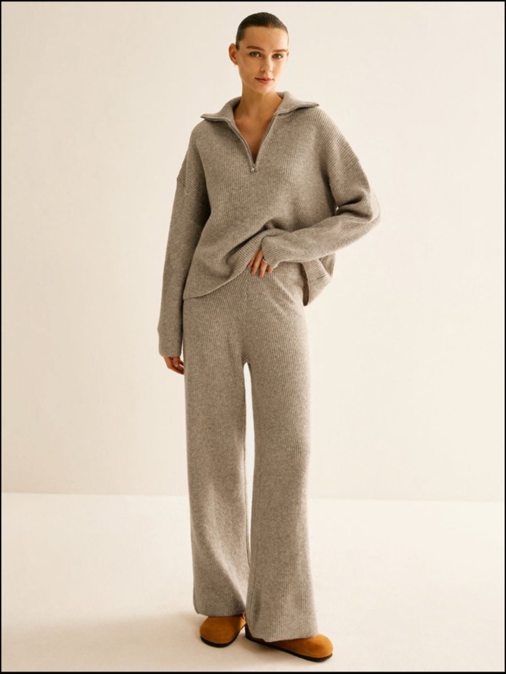 Commense Rib-Knit Wide-Leg Pants in Light Taupe